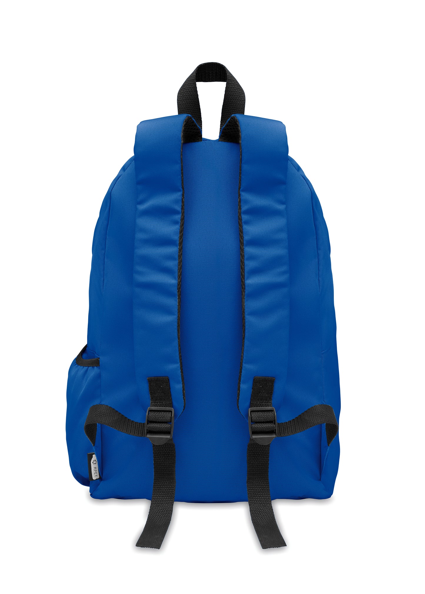 Rucksack mit Reißverschluss-Außentasche. Gepolsterter Rücken und seitliches Flaschenfach. 600D RPET-Polyester.