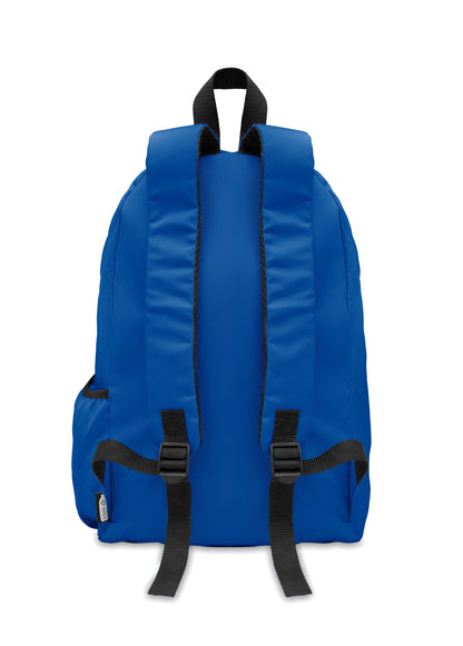 Rucksack mit Reißverschluss-Außentasche. Gepolsterter Rücken und seitliches Flaschenfach. 600D RPET-Polyester.