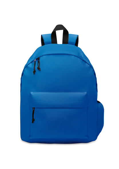 Rucksack mit Reißverschluss-Außentasche. Gepolsterter Rücken und seitliches Flaschenfach. 600D RPET-Polyester.