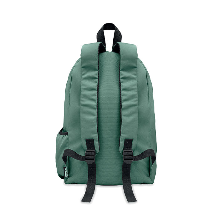 Rucksack mit Reißverschluss-Außentasche. Gepolsterter Rücken und seitliches Flaschenfach. 600D RPET-Polyester.