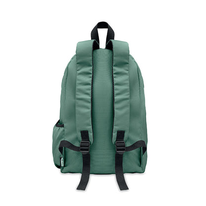 Rucksack mit Reißverschluss-Außentasche. Gepolsterter Rücken und seitliches Flaschenfach. 600D RPET-Polyester.