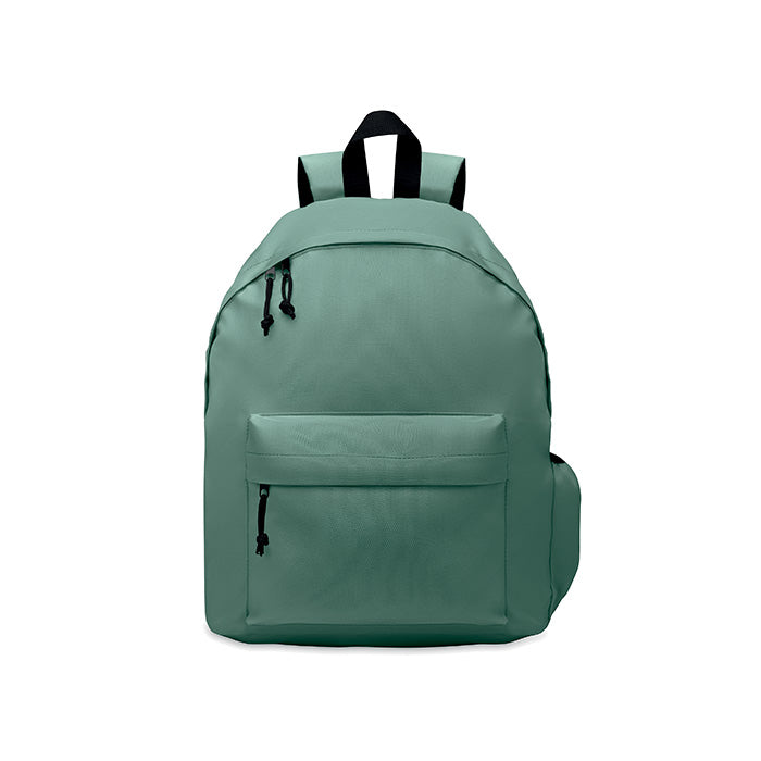 Rucksack mit Reißverschluss-Außentasche. Gepolsterter Rücken und seitliches Flaschenfach. 600D RPET-Polyester.