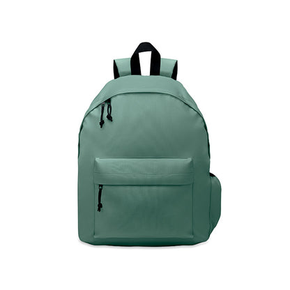Rucksack mit Reißverschluss-Außentasche. Gepolsterter Rücken und seitliches Flaschenfach. 600D RPET-Polyester.