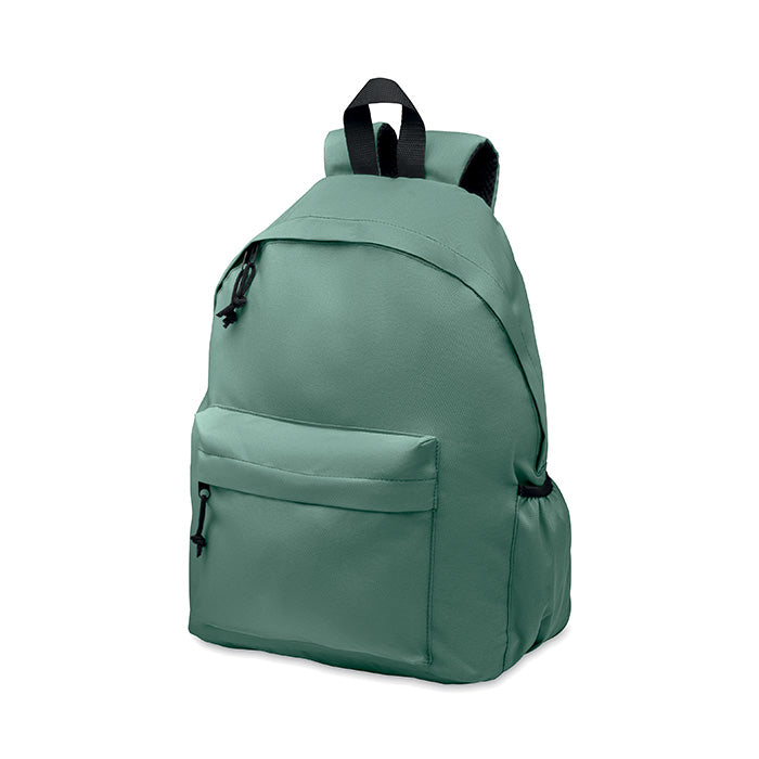 Rucksack mit Reißverschluss-Außentasche. Gepolsterter Rücken und seitliches Flaschenfach. 600D RPET-Polyester.