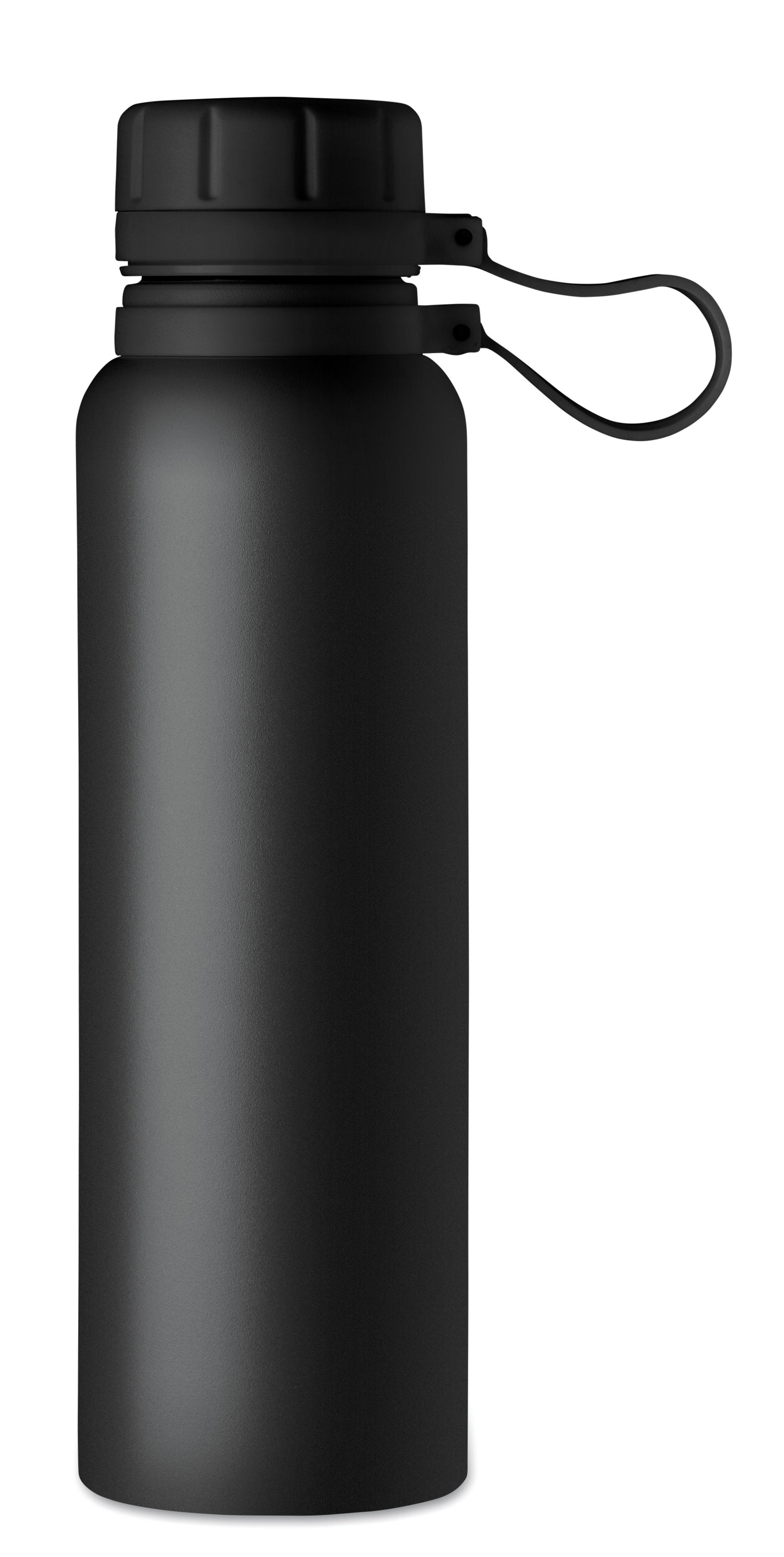 Doppelwandige Isolierflasche mit Schraubverschluss und Schlaufe aus Silikon. Edelstahl. Füllmenge: 780 ml.
