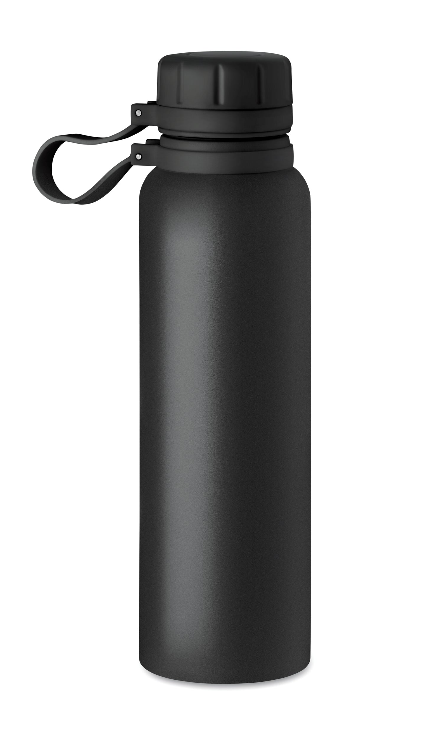 Doppelwandige Isolierflasche mit Schraubverschluss und Schlaufe aus Silikon. Edelstahl. Füllmenge: 780 ml.