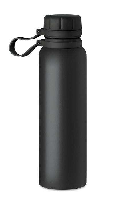 Doppelwandige Isolierflasche mit Schraubverschluss und Schlaufe aus Silikon. Edelstahl. Füllmenge: 780 ml.