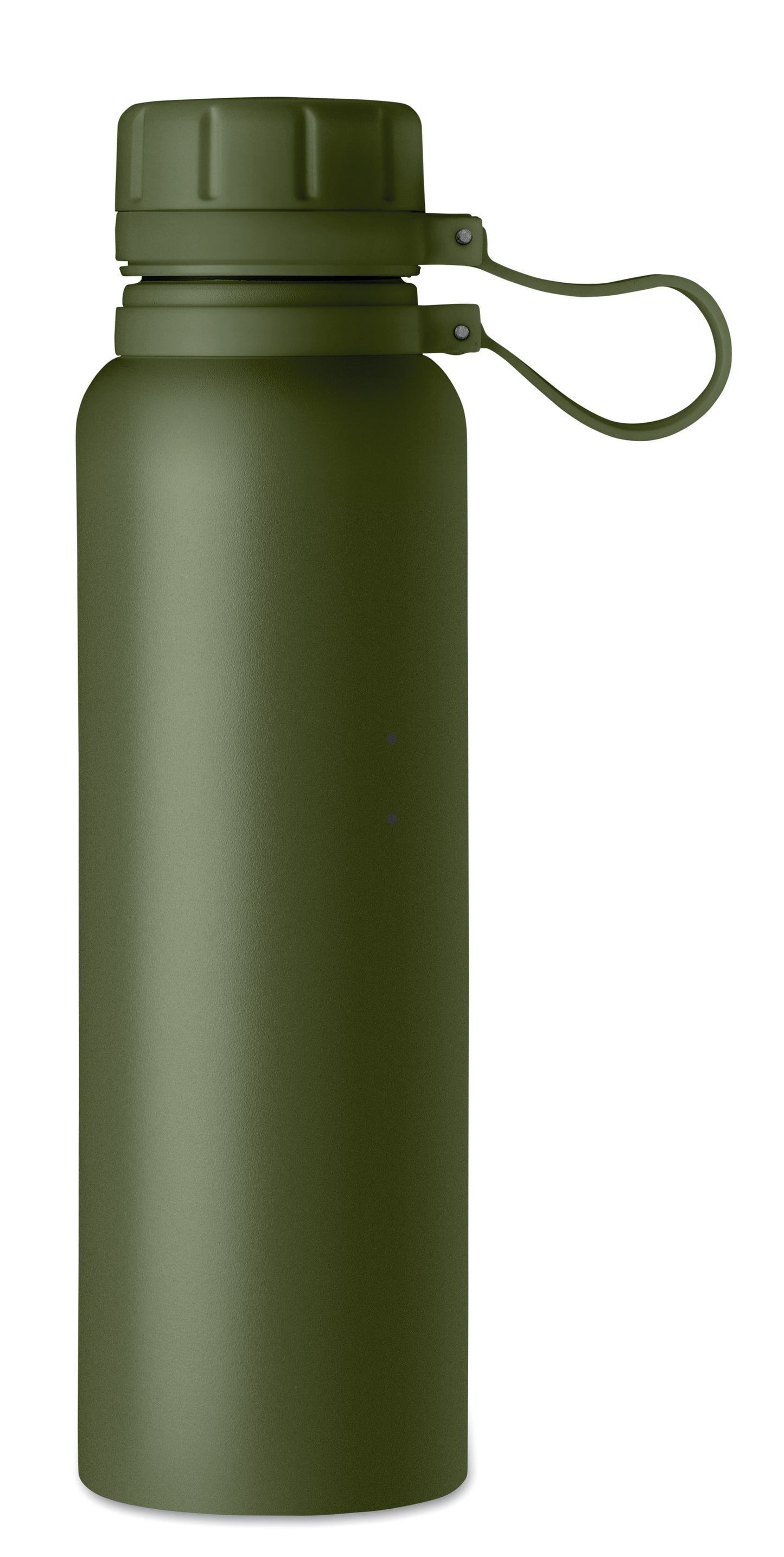 Doppelwandige Isolierflasche mit Schraubverschluss und Schlaufe aus Silikon. Edelstahl. Füllmenge: 780 ml.