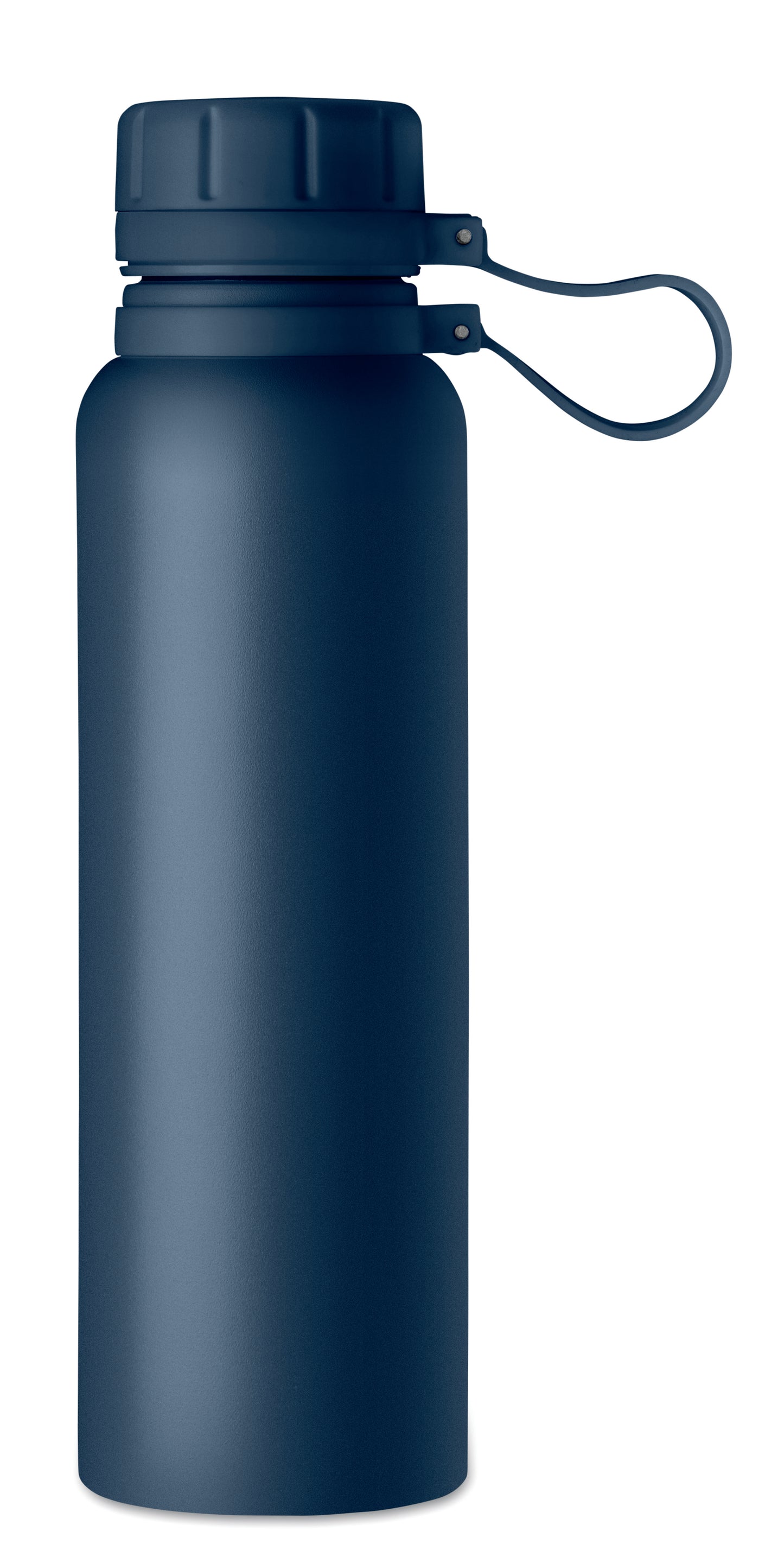 Doppelwandige Isolierflasche mit Schraubverschluss und Schlaufe aus Silikon. Edelstahl. Füllmenge: 780 ml.