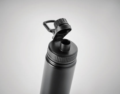 Doppelwandige Isolierflasche aus Edelstahl mit Trinkdeckel und Trageschlaufe. Füllmenge: 500 ml.