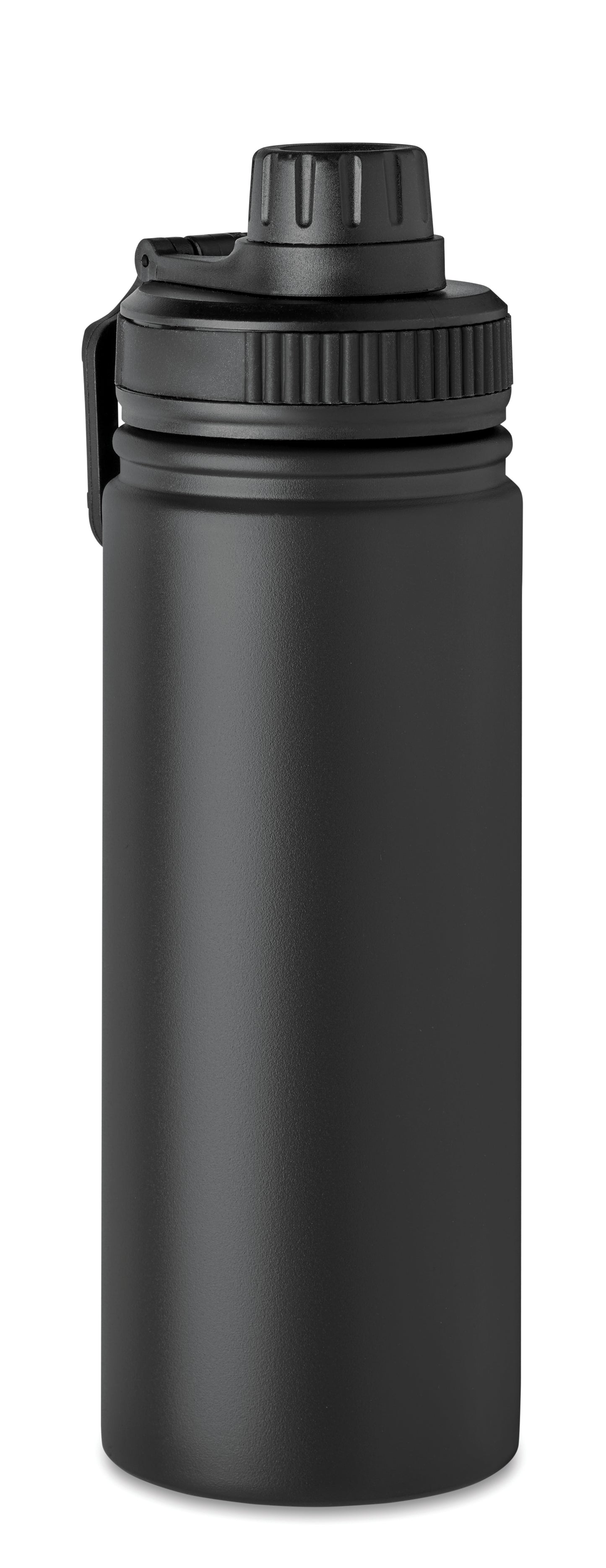 Doppelwandige Isolierflasche aus Edelstahl mit Trinkdeckel und Trageschlaufe. Füllmenge: 500 ml.