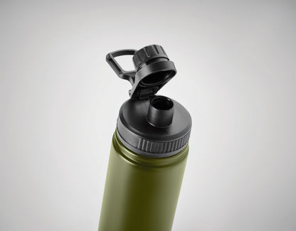 Doppelwandige Isolierflasche aus Edelstahl mit Trinkdeckel und Trageschlaufe. Füllmenge: 500 ml.