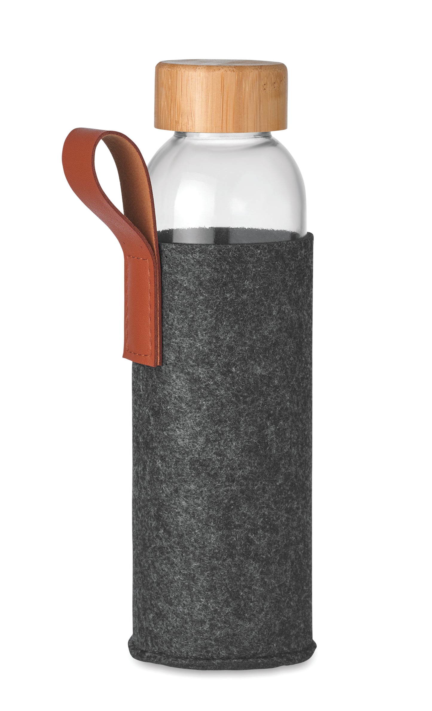 Trinkflasche aus Glas mit RPET-Filz -Schutzhülle. Deckel aus Bambus und PU-Schlaufe. Füllmenge: