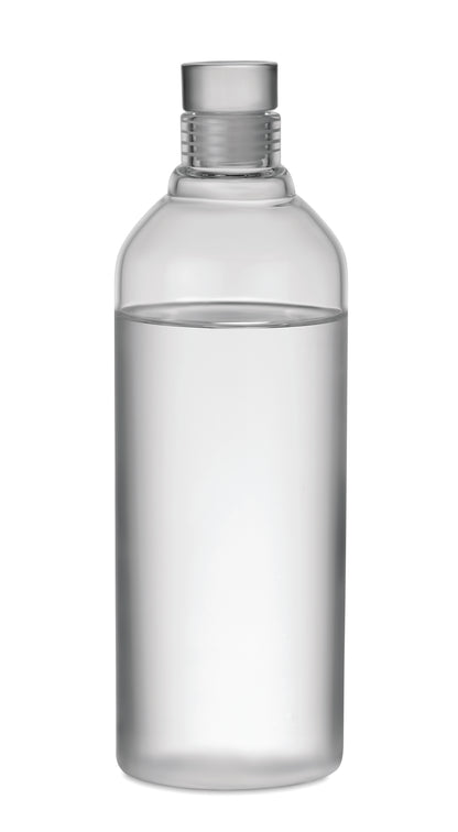 Flasche aus Borosilikatglas mit auslaufsicheren Verschluss aus Glas. Präsentiert in einer Karton-Hülse.