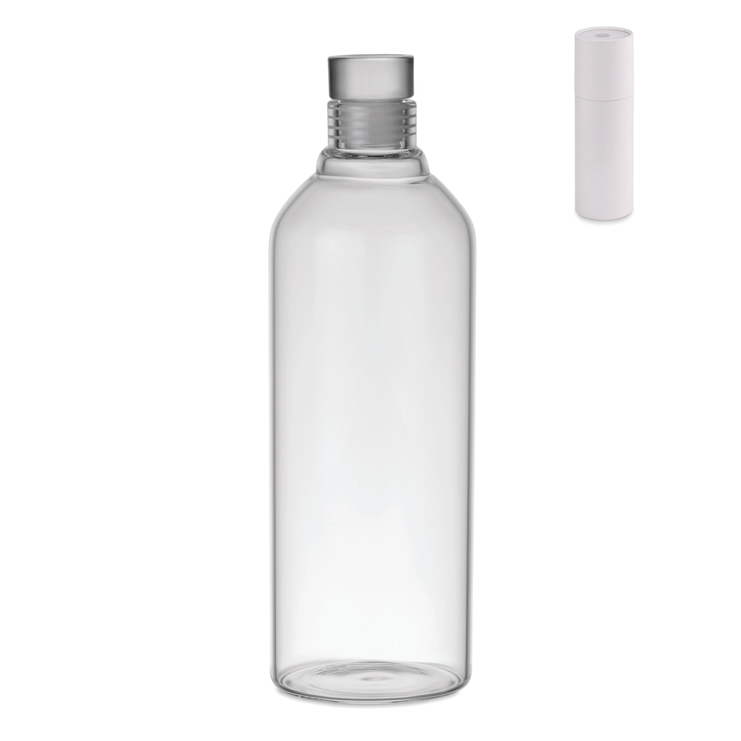 Flasche aus Borosilikatglas mit auslaufsicheren Verschluss aus Glas. Präsentiert in einer Karton-Hülse.