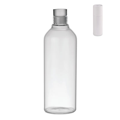 Flasche aus Borosilikatglas mit auslaufsicheren Verschluss aus Glas. Präsentiert in einer Karton-Hülse.