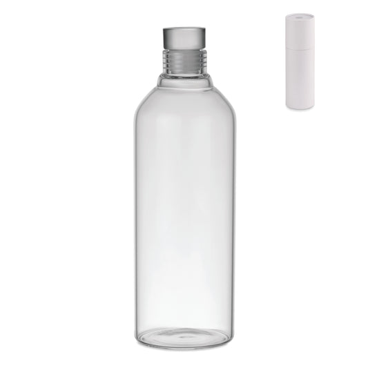 Flasche aus Borosilikatglas mit auslaufsicheren Verschluss aus Glas. Präsentiert in einer Karton-Hülse.