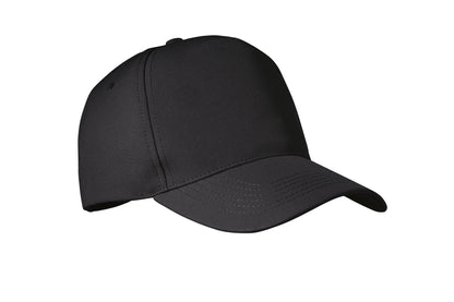 RPET 5-Panel-Baseball Cap aus Polyester 210 g/m² mit silberner Schnalle aus Stahl.