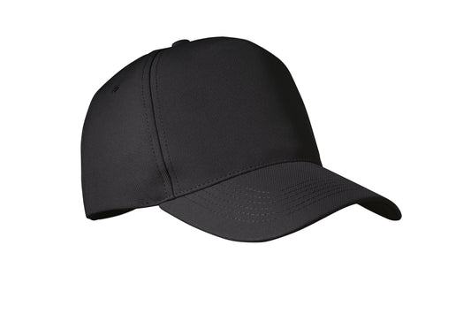 RPET 5-Panel-Baseball Cap aus Polyester 210 g/m² mit silberner Schnalle aus Stahl.
