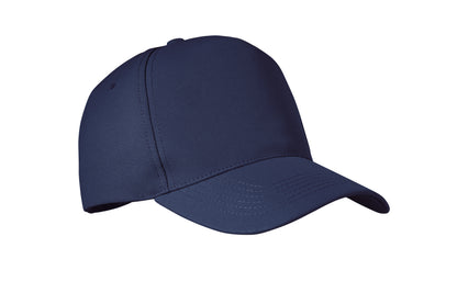 RPET 5-Panel-Baseball Cap aus Polyester 210 g/m² mit silberner Schnalle aus Stahl.