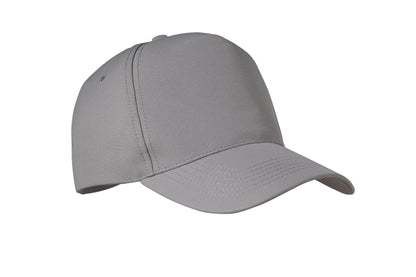 RPET 5-Panel-Baseball Cap aus Polyester 210 g/m² mit silberner Schnalle aus Stahl.