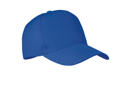 RPET 5-Panel-Baseball Cap aus Polyester 210 g/m² mit silberner Schnalle aus Stahl.