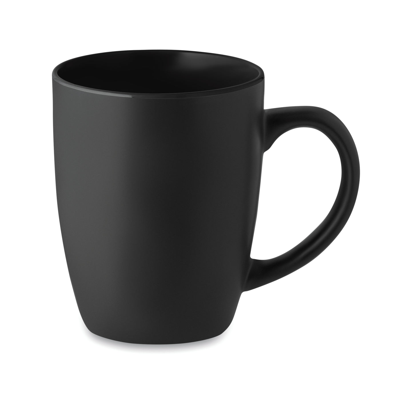 Schwarzer Kaffeebecher aus matter Keramik. Glänzende farbige Innenseite. Füllmenge: 290 ml. Mit