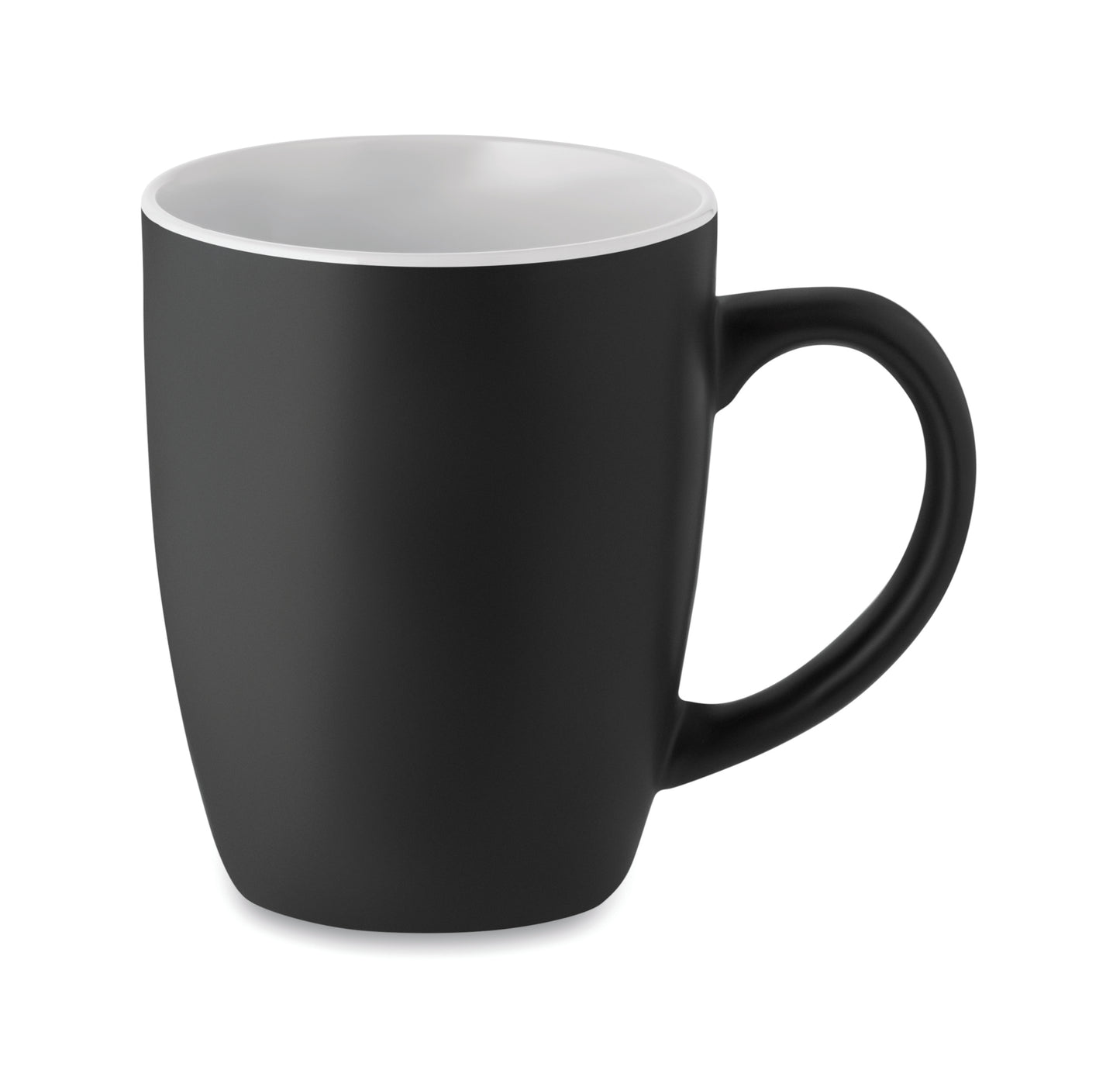Schwarzer Kaffeebecher aus matter Keramik. Glänzende farbige Innenseite. Füllmenge: 290 ml. Mit