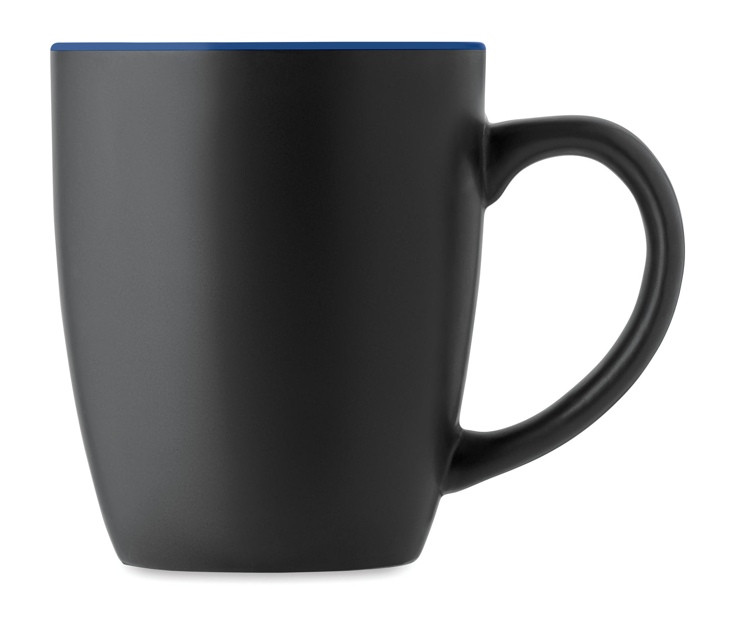 Schwarzer Kaffeebecher aus matter Keramik. Glänzende farbige Innenseite. Füllmenge: 290 ml. Mit