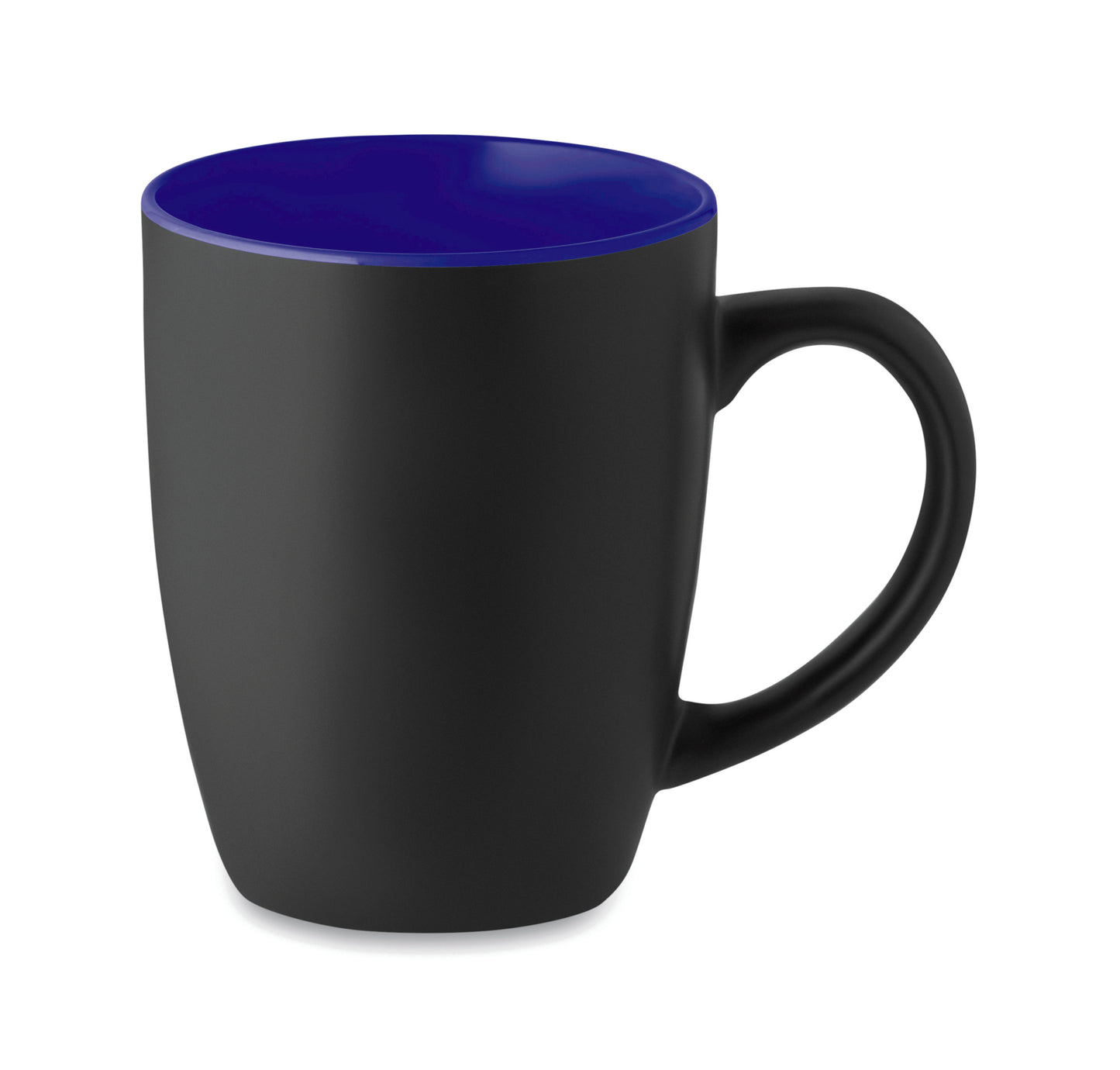 Schwarzer Kaffeebecher aus matter Keramik. Glänzende farbige Innenseite. Füllmenge: 290 ml. Mit