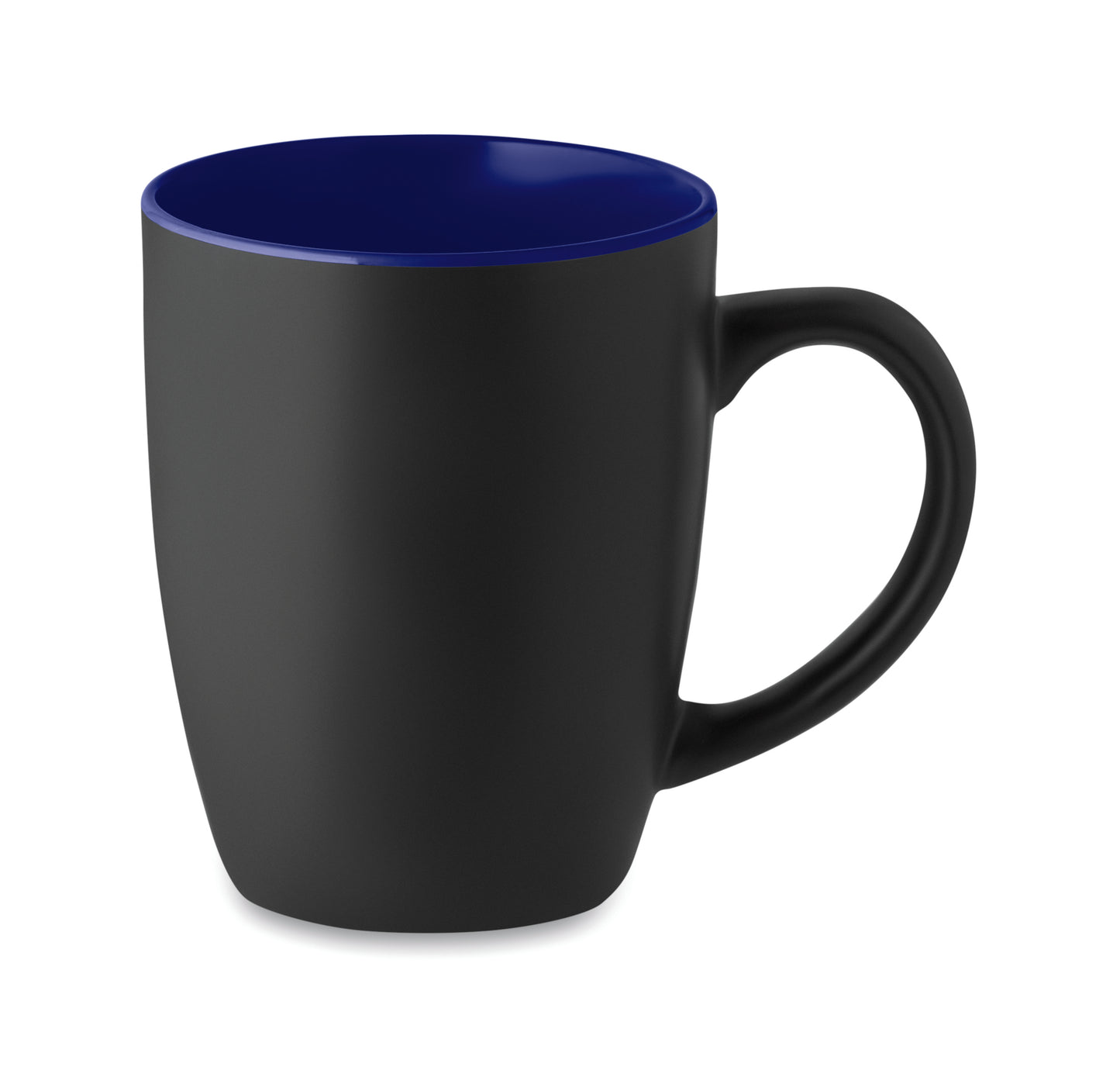 Schwarzer Kaffeebecher aus matter Keramik. Glänzende farbige Innenseite. Füllmenge: 290 ml. Mit