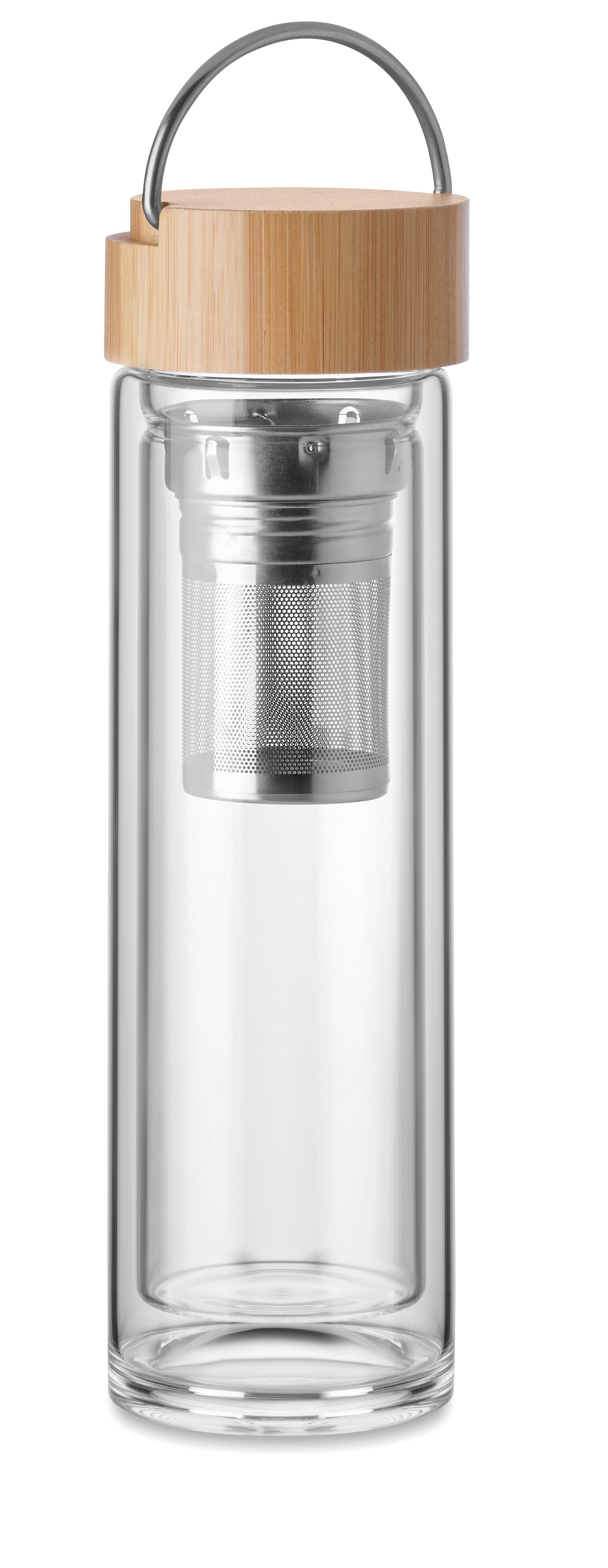 Doppelwandige Trinkflasche aus hochwertigem Borosilikat-Glas. Deckel aus Bambus mit Metallbügel. Mit Tee-Sieb.
