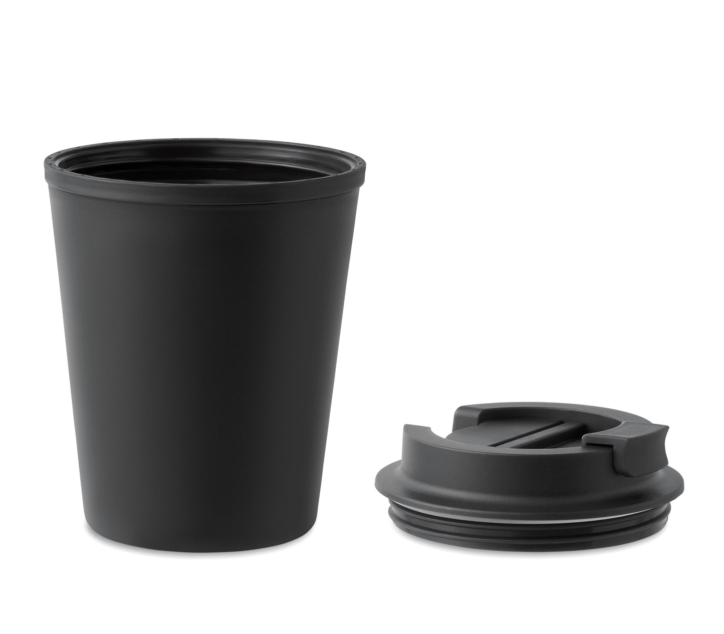 Doppelwandiger Trinkbecher mit Trinkdeckel aus PP. Füllmenge: 300 ml.Auslaufsicher.