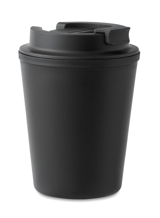 Doppelwandiger Trinkbecher mit Trinkdeckel aus PP. Füllmenge: 300 ml.Auslaufsicher.