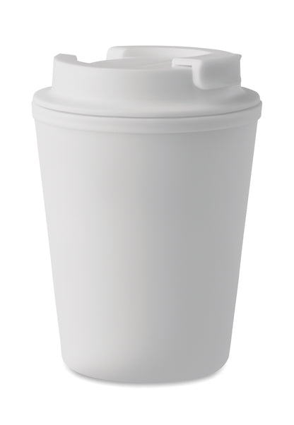 Doppelwandiger Trinkbecher mit Trinkdeckel aus PP. Füllmenge: 300 ml.Auslaufsicher.
