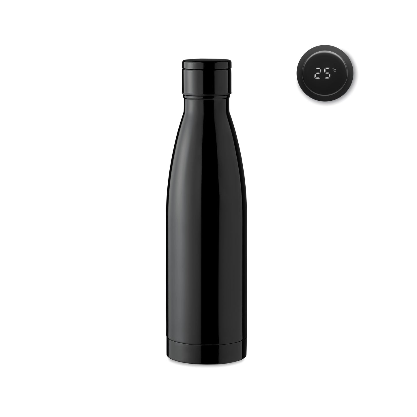 Doppelwandige Isolierflasche aus Edelstahl. Im Deckel befindet sich eine integrierte Touchscreen LED