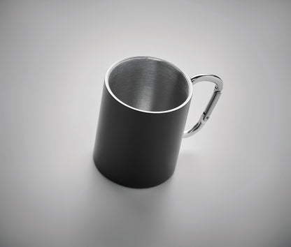 Doppelwandiger Trinkbecher aus Edelstahl. Henkel mit Karabiner. Füllmenge: 300 ml. Der Karabiner