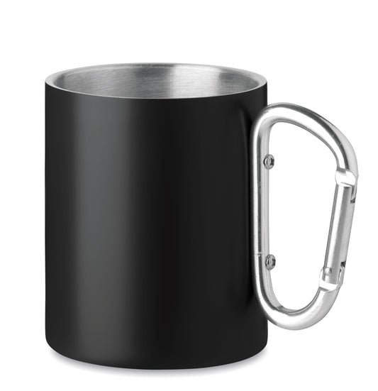 Doppelwandiger Trinkbecher aus Edelstahl. Henkel mit Karabiner. Füllmenge: 300 ml. Der Karabiner