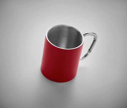 Doppelwandiger Trinkbecher aus Edelstahl. Henkel mit Karabiner. Füllmenge: 300 ml. Der Karabiner