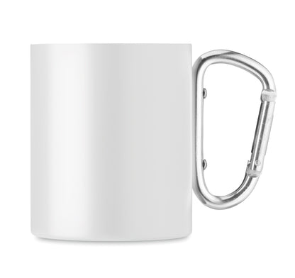 Doppelwandiger Trinkbecher aus Edelstahl. Henkel mit Karabiner. Füllmenge: 300 ml. Der Karabiner