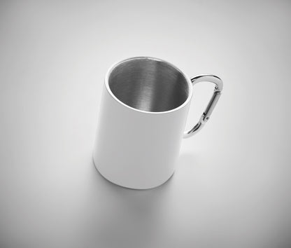 Doppelwandiger Trinkbecher aus Edelstahl. Henkel mit Karabiner. Füllmenge: 300 ml. Der Karabiner