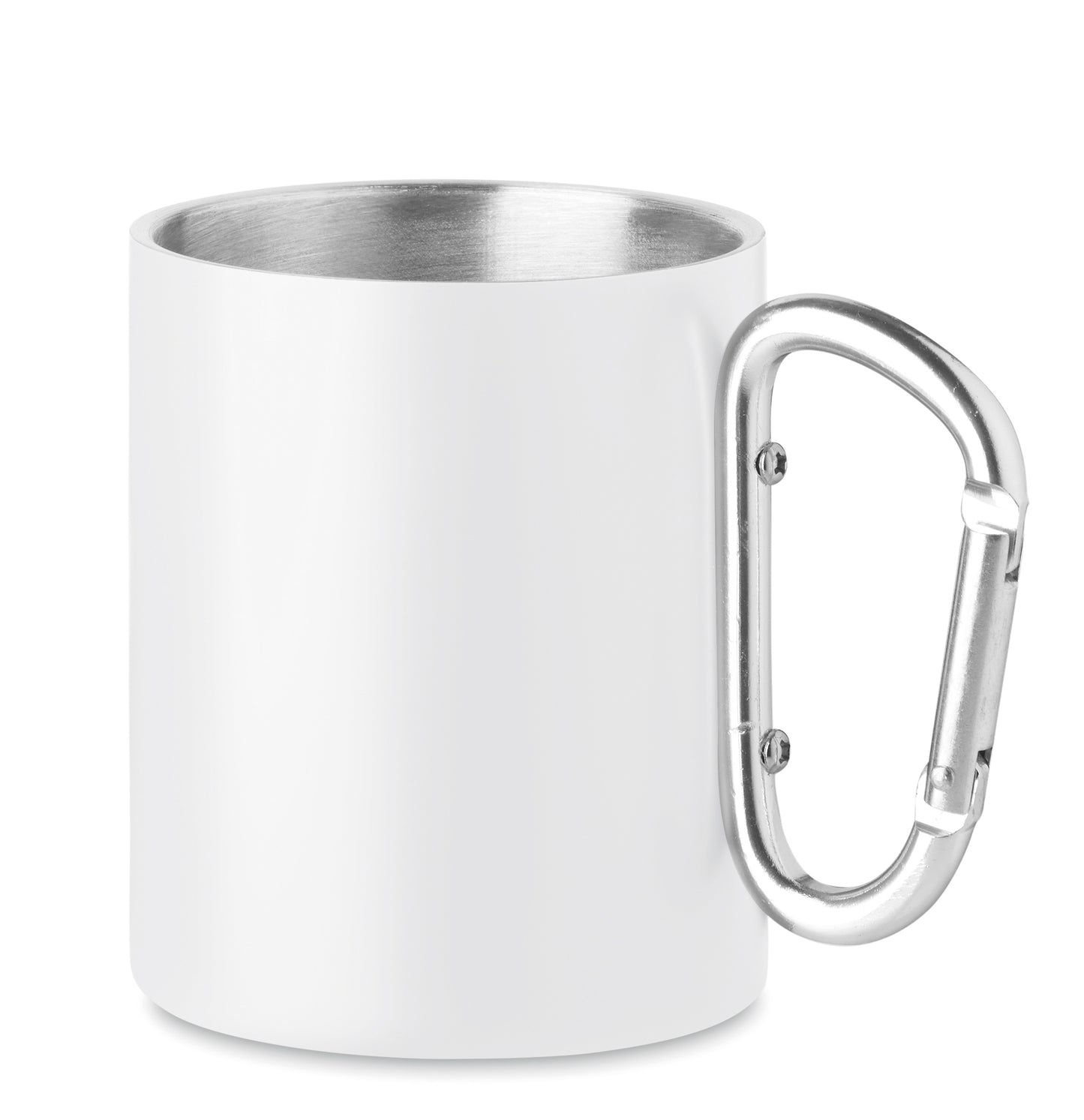 Doppelwandiger Trinkbecher aus Edelstahl. Henkel mit Karabiner. Füllmenge: 300 ml. Der Karabiner