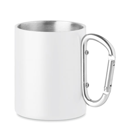 Doppelwandiger Trinkbecher aus Edelstahl. Henkel mit Karabiner. Füllmenge: 300 ml. Der Karabiner