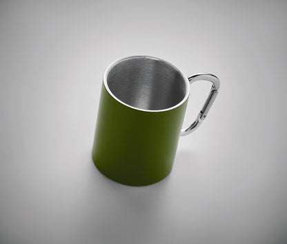 Doppelwandiger Trinkbecher aus Edelstahl. Henkel mit Karabiner. Füllmenge: 300 ml. Der Karabiner