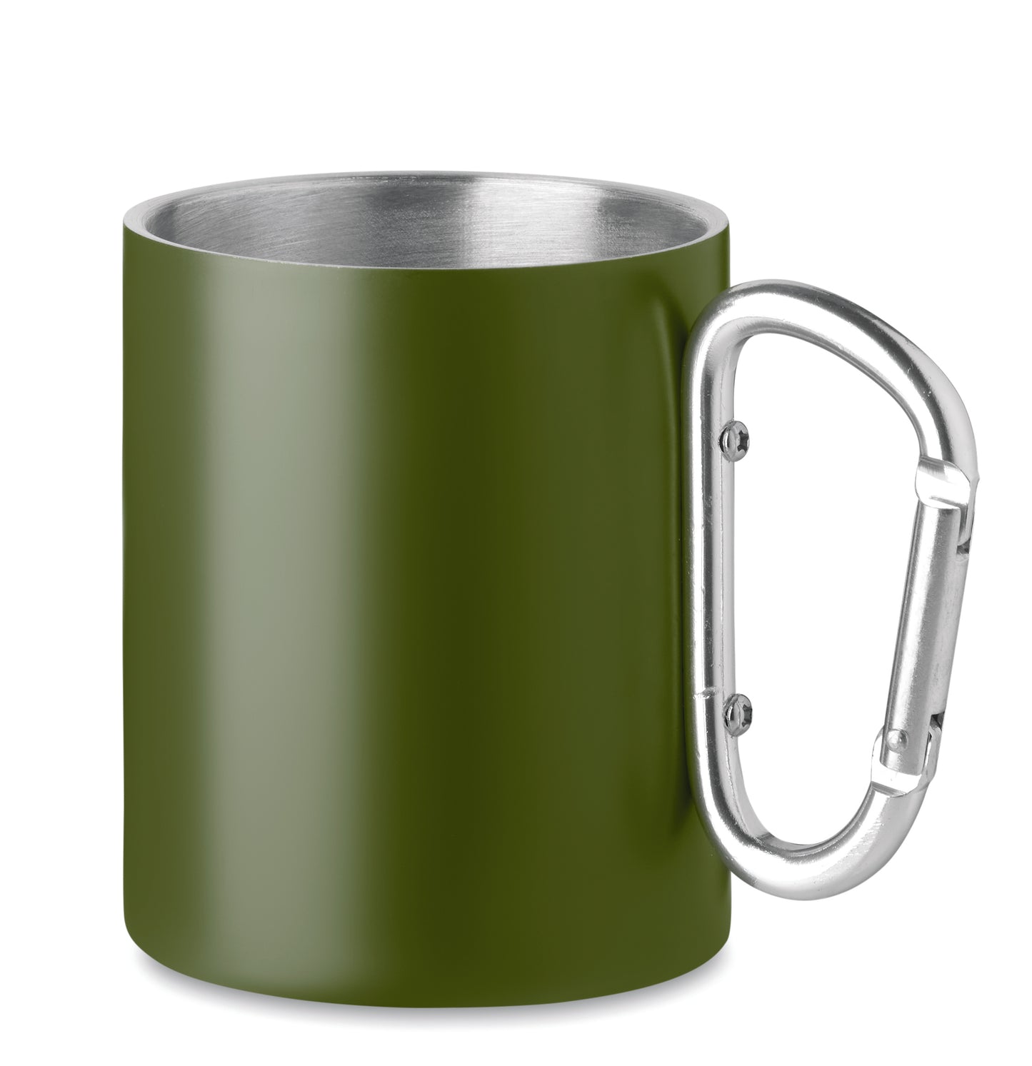 Doppelwandiger Trinkbecher aus Edelstahl. Henkel mit Karabiner. Füllmenge: 300 ml. Der Karabiner