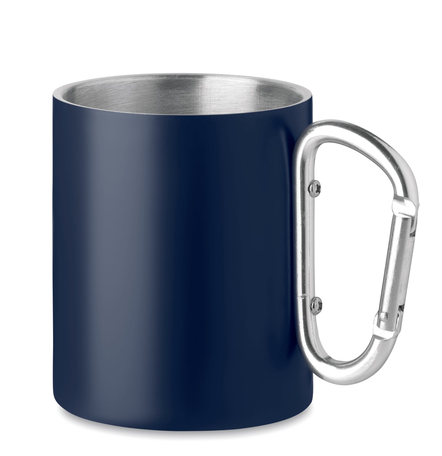 Doppelwandiger Trinkbecher aus Edelstahl. Henkel mit Karabiner. Füllmenge: 300 ml. Der Karabiner