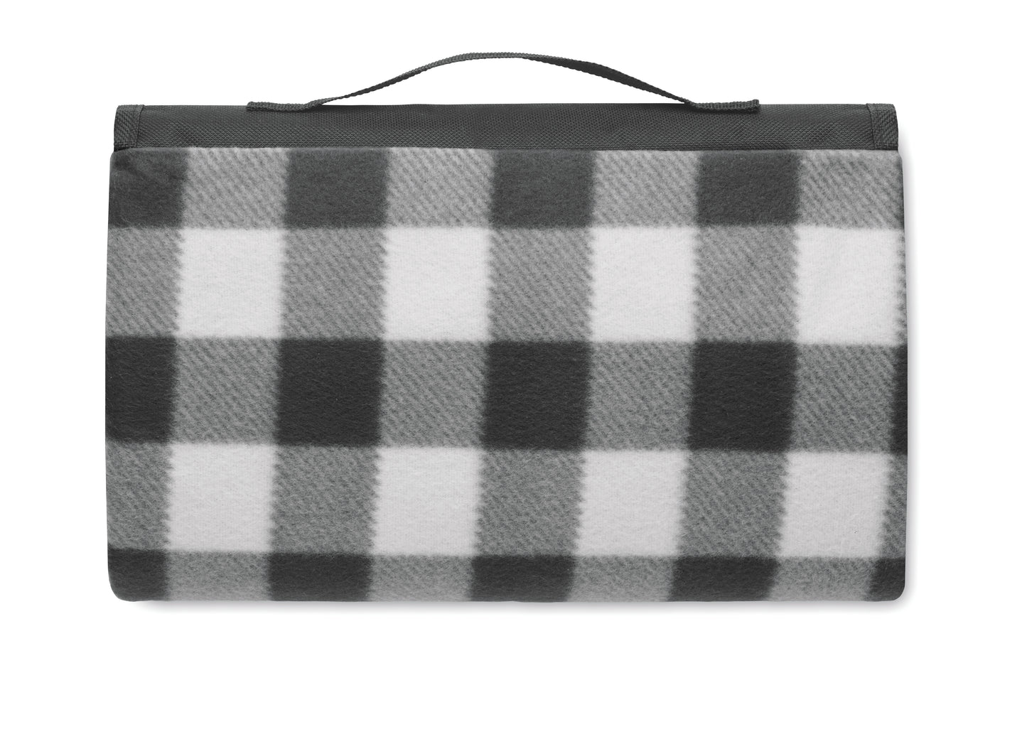 Faltbare Picknickdecke aus RPET Polar-Fleece 150 g/m² mit wasserabweisend beschichteter PEVA-Rückseite. Reißverschlusstasche