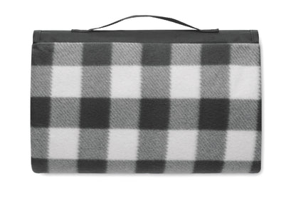 Faltbare Picknickdecke aus RPET Polar-Fleece 150 g/m² mit wasserabweisend beschichteter PEVA-Rückseite. Reißverschlusstasche
