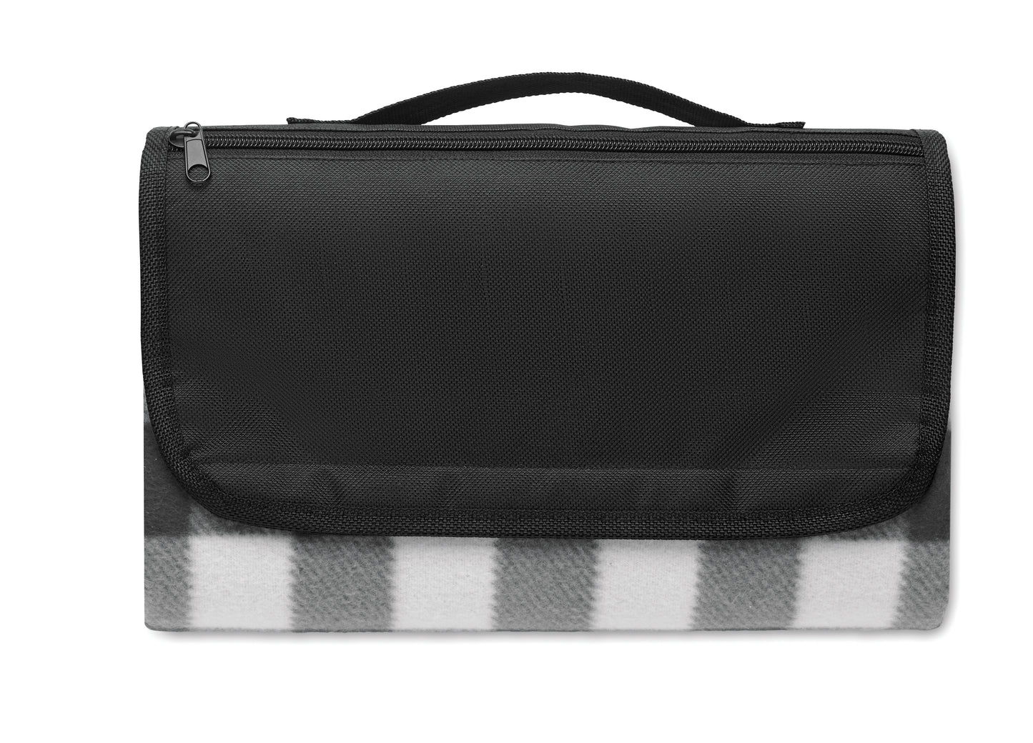 Faltbare Picknickdecke aus RPET Polar-Fleece 150 g/m² mit wasserabweisend beschichteter PEVA-Rückseite. Reißverschlusstasche