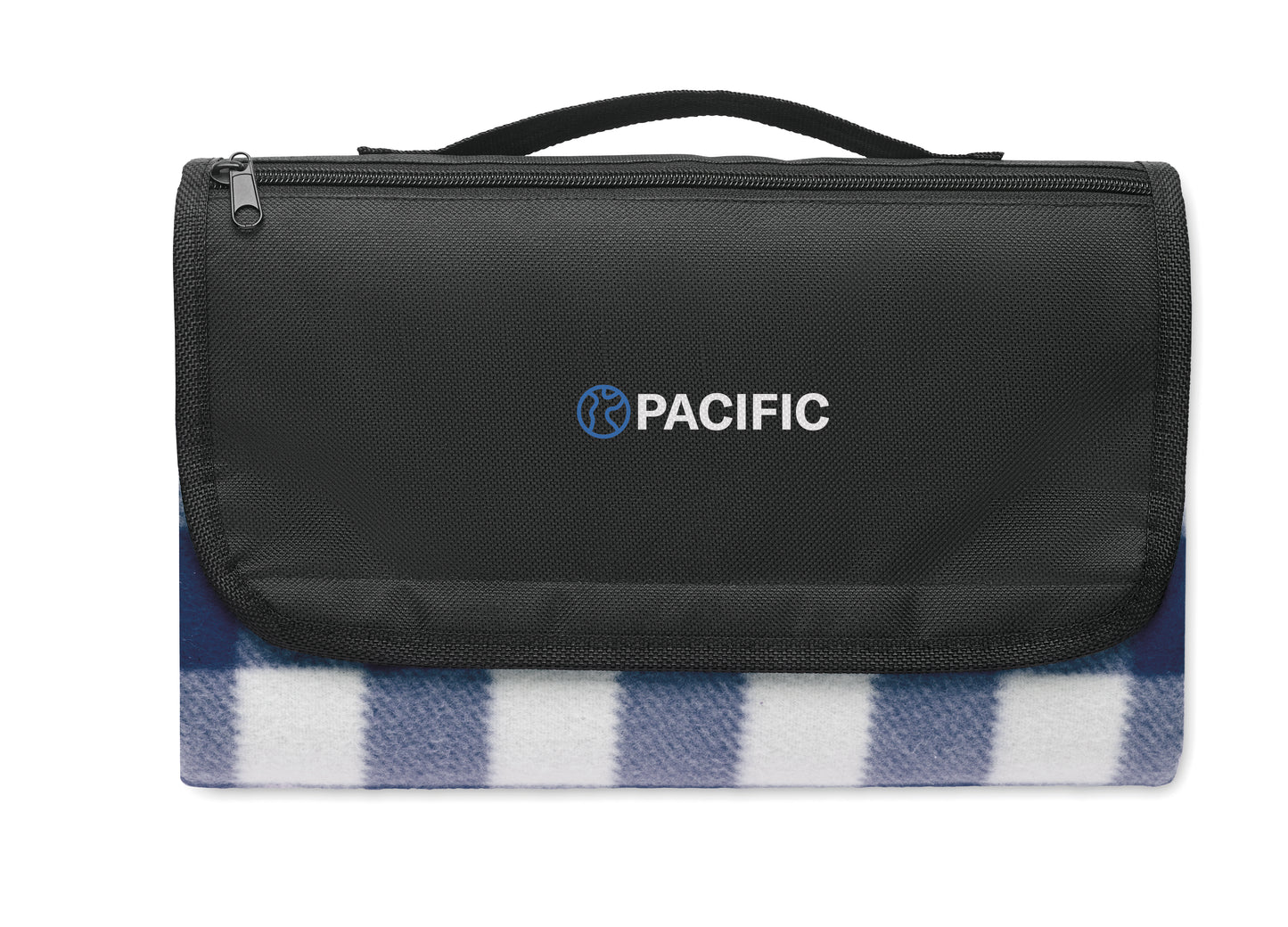 Faltbare Picknickdecke aus RPET Polar-Fleece 150 g/m² mit wasserabweisend beschichteter PEVA-Rückseite. Reißverschlusstasche